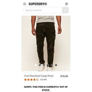 Superdry Camo Core Parachute Cargo pants 34x32 Grip Baggy Skater Y2K Hip Hop OG‎